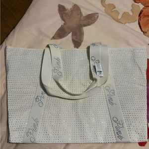 PINK Victoria's Secret Rhinestone Cream Tote with Logo Straps